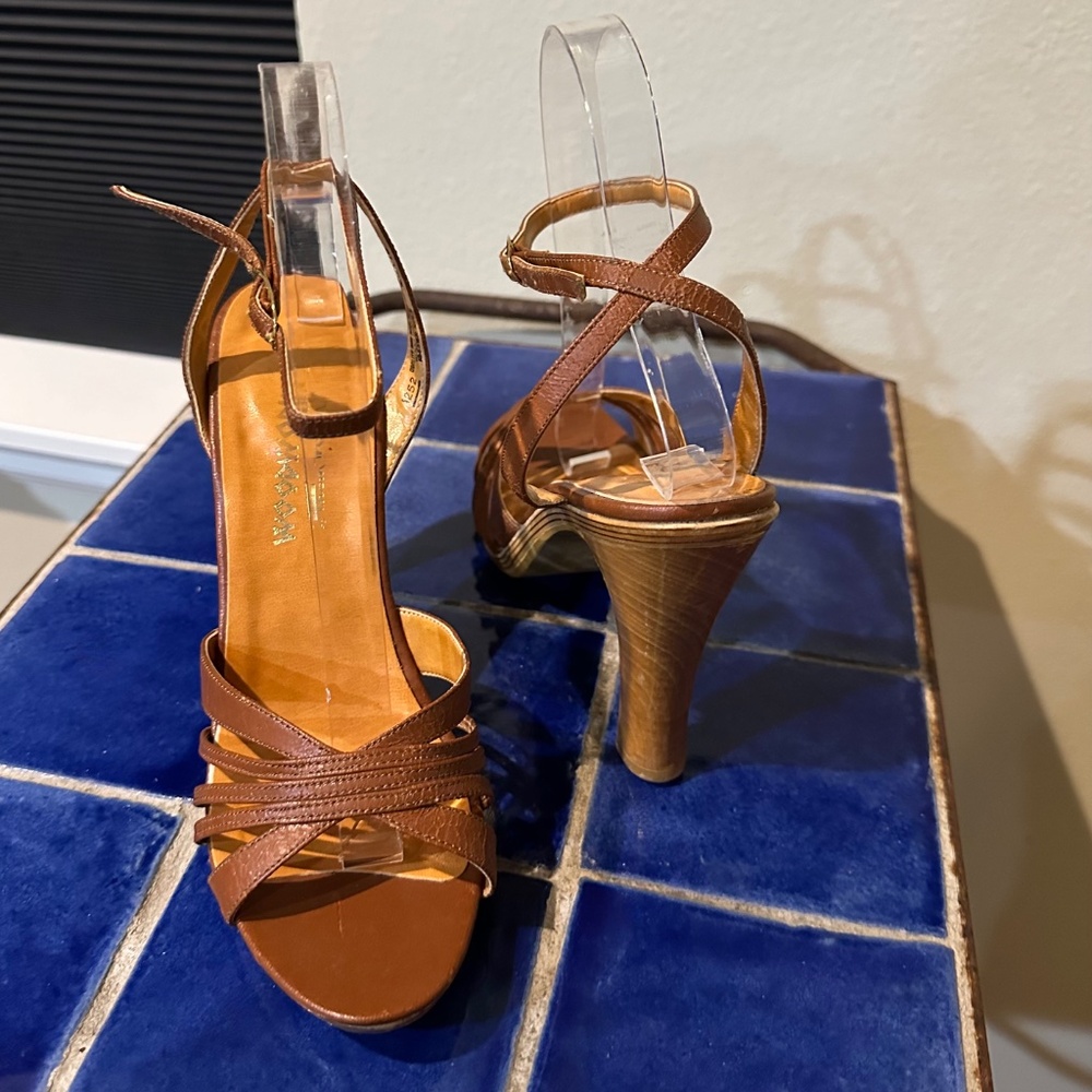 Woodworks by Thom McAn / Brown Leather &  Wood 4 " High Heel Platform Sandals - Picture 8 of 13